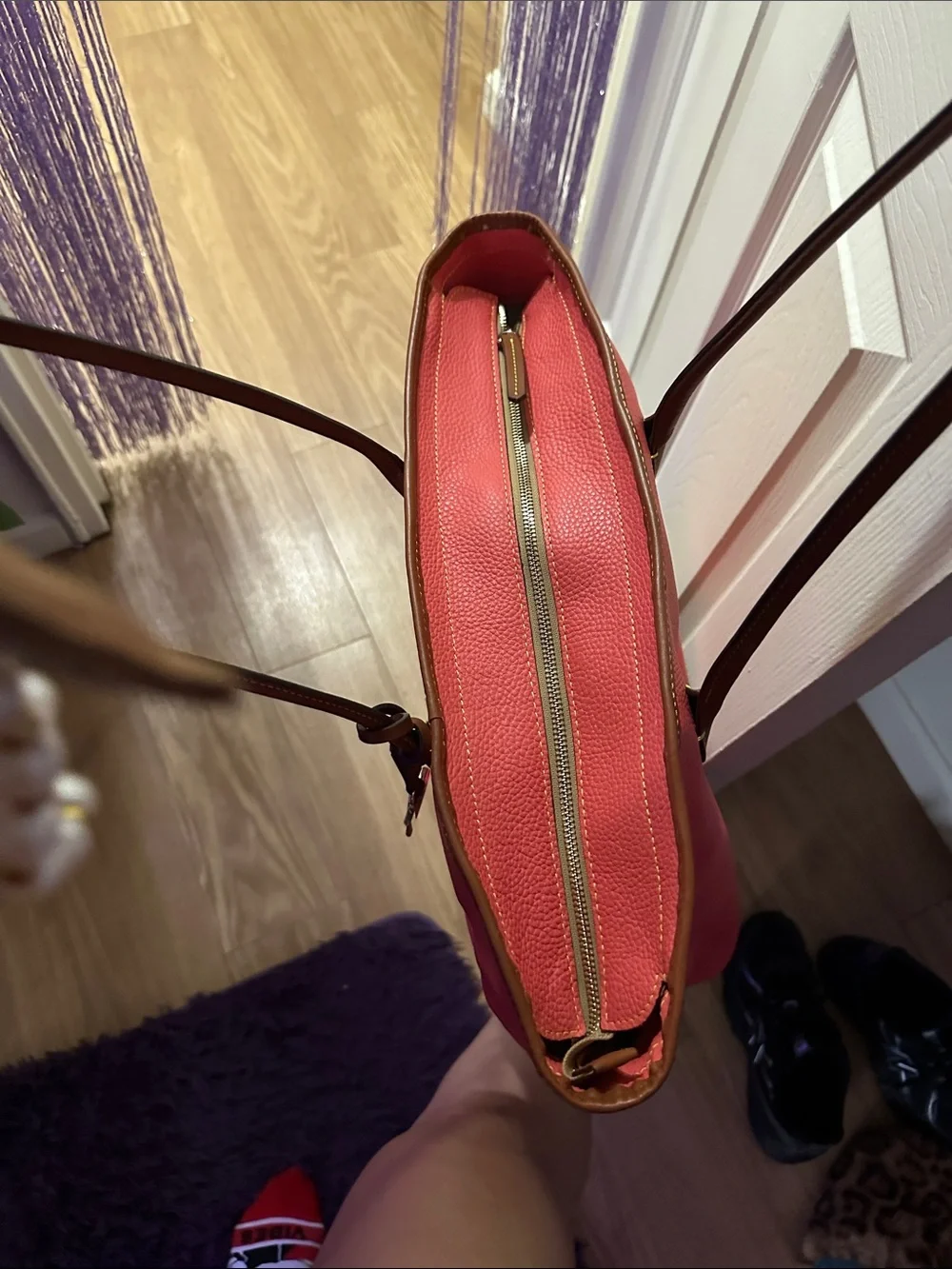 Dooney & Bourke Coral Peach Tote with Brown Trim and Leather Straps